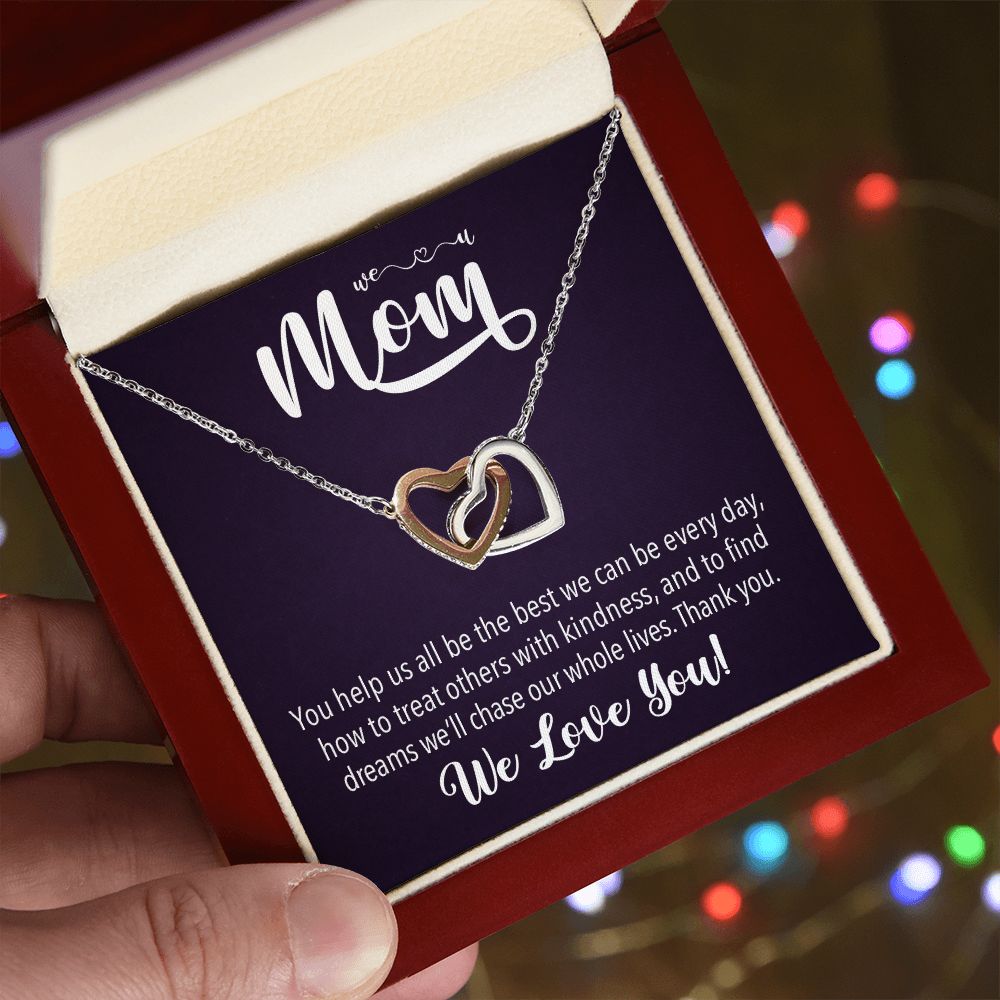 We love you Mom, Interlocking Hearts Necklace FROM US | Gift for Mother | Mother's Day | Two Hearts Connected with options for Stainless Steel and Rose Gold Finish or 18k Gold Finish