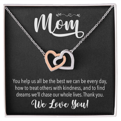 We love you Mom, Interlocking Hearts Necklace FROM US | Gift for Mother | Mother's Day | Two Hearts Connected with options for Stainless Steel and Rose Gold Finish or 18k Gold Finish