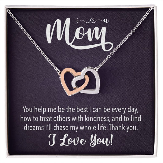 I love you Mom, Interlocking Hearts Necklace FROM ONE | Gift for Mother | Mother's Day | Two Hearts Connected with options for Stainless Steel and Rose Gold Finish or 18k Gold Finish