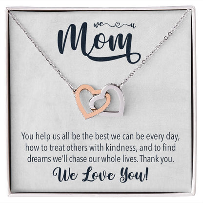 We love you Mom, Interlocking Hearts Necklace FROM US | Gift for Mother | Mother's Day | Two Hearts Connected with options for Stainless Steel and Rose Gold Finish or 18k Gold Finish