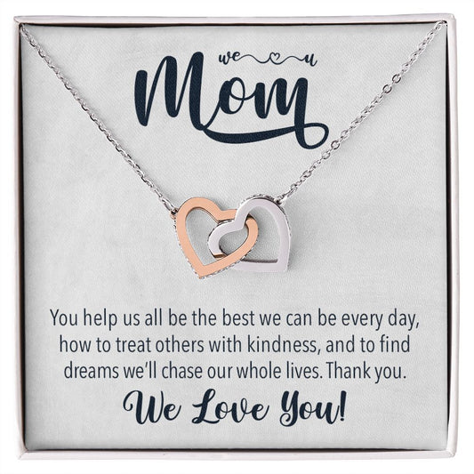 We love you Mom, Interlocking Hearts Necklace FROM US | Gift for Mother | Mother's Day | Two Hearts Connected with options for Stainless Steel and Rose Gold Finish or 18k Gold Finish