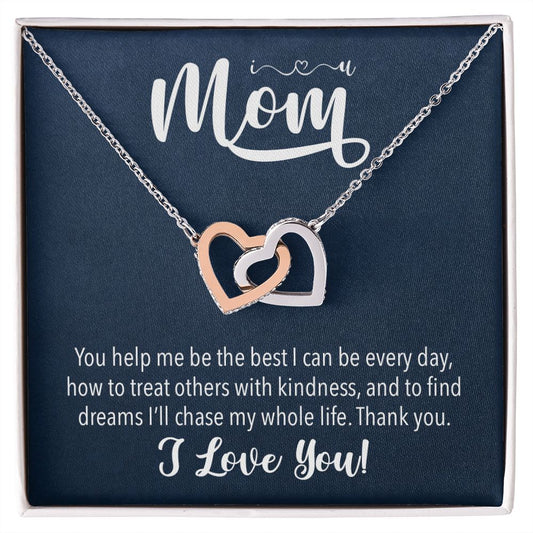 I love you Mom, Interlocking Hearts Necklace FROM ONE | Gift for Mother | Mother's Day | Two Hearts Connected with options for Stainless Steel and Rose Gold Finish or 18k Gold Finish