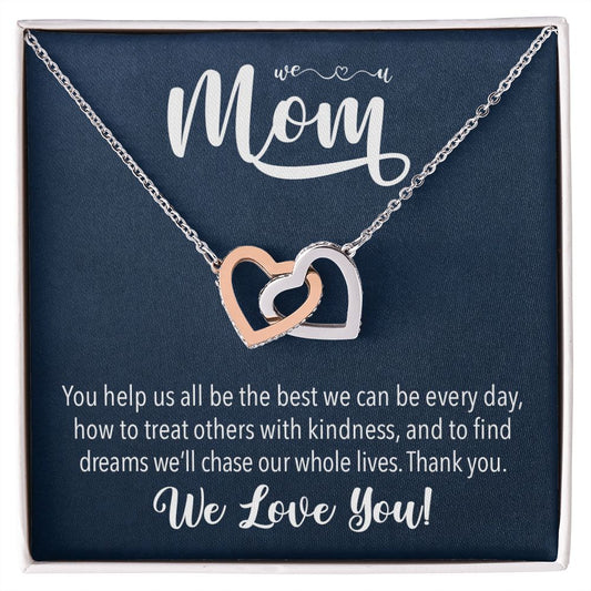 We love you Mom, Interlocking Hearts Necklace FROM US | Gift for Mother | Mother's Day | Two Hearts Connected with options for Stainless Steel and Rose Gold Finish or 18k Gold Finish