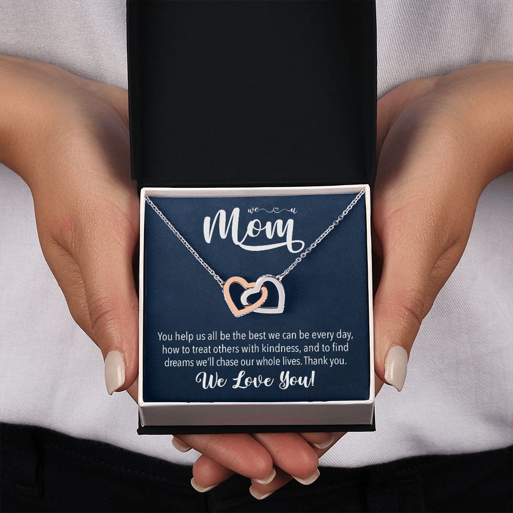 We love you Mom, Interlocking Hearts Necklace FROM US | Gift for Mother | Mother's Day | Two Hearts Connected with options for Stainless Steel and Rose Gold Finish or 18k Gold Finish