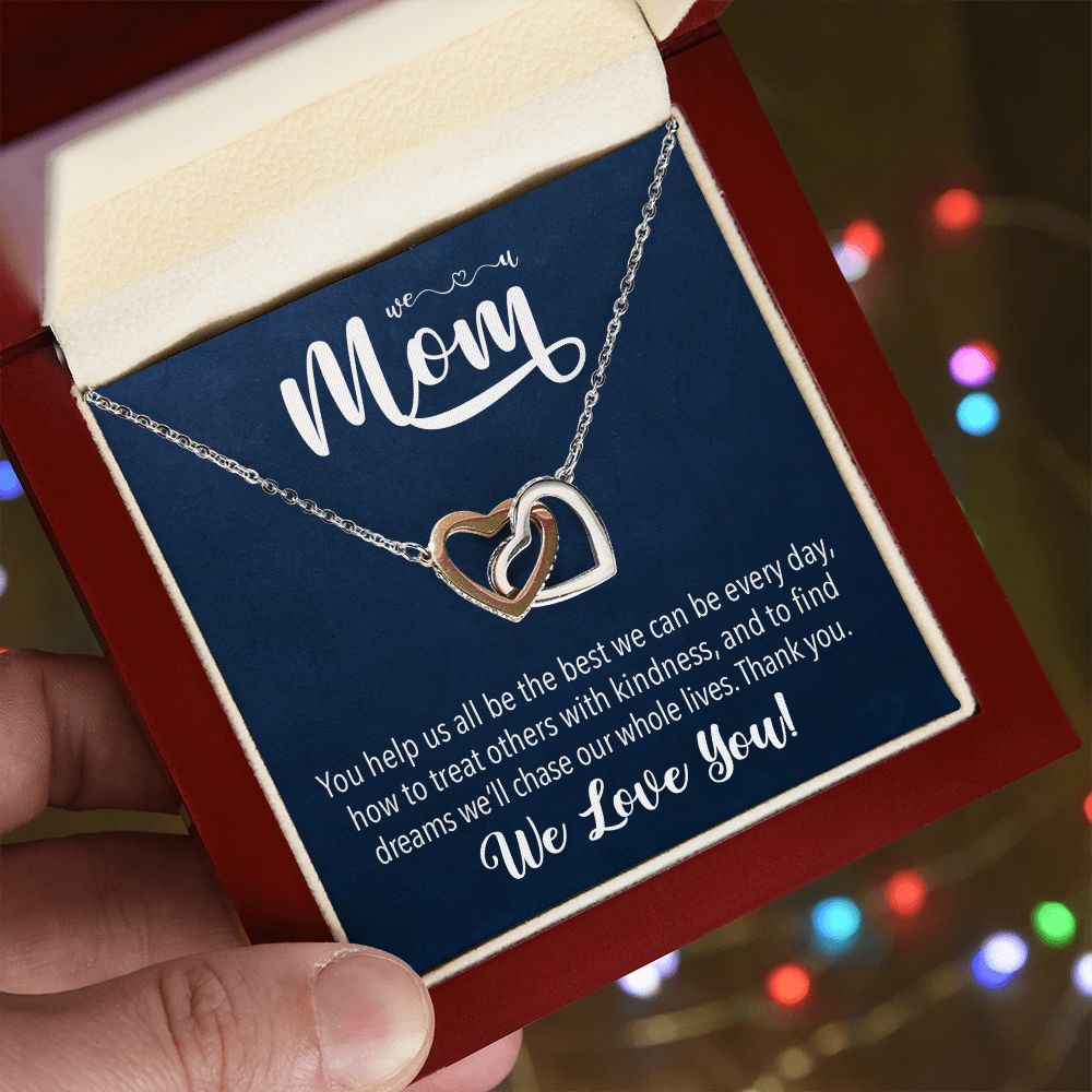 We love you Mom, Interlocking Hearts Necklace FROM US | Gift for Mother | Mother's Day | Two Hearts Connected with options for Stainless Steel and Rose Gold Finish or 18k Gold Finish