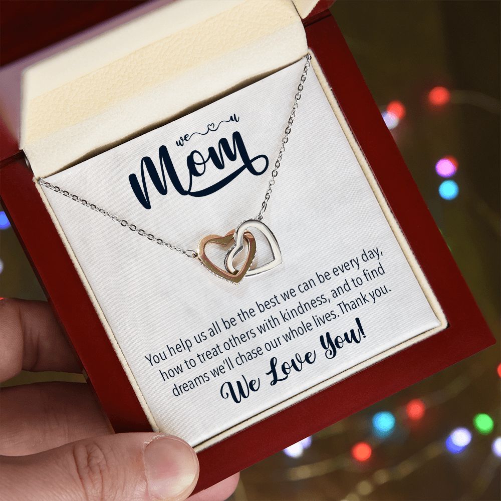 We love you Mom, Interlocking Hearts Necklace FROM US | Gift for Mother | Mother's Day | Two Hearts Connected with options for Stainless Steel and Rose Gold Finish or 18k Gold Finish